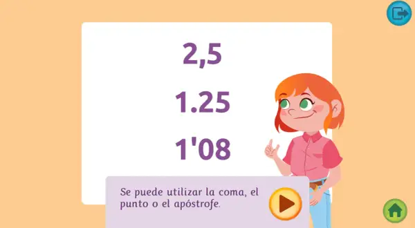 Niña explica operaciones con decimales 5 primaria. Muestra números como 2,5 y 1.25.