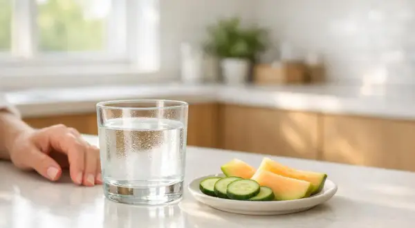 Un bicchiere d'acqua fresca e frutta (melone e cetriolo) su un tavolo, un'immagine che evoca il benessere e il mantenimento del **bilancio idrico** per una vita sana.