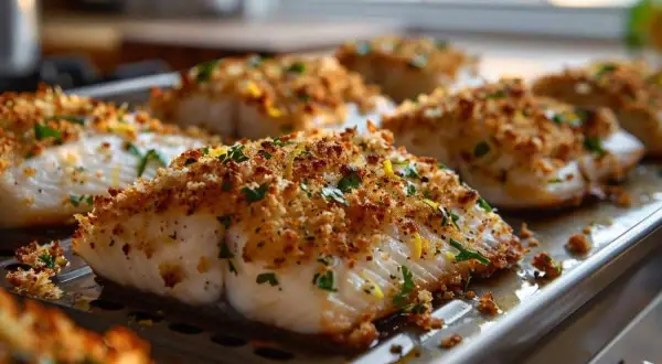 Filets de poisson panés et dorés, parsemés de persil frais et de zeste de citron. Un délice croustillant pour une friture poisson réussie.
