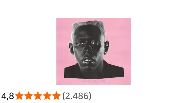 Copertina dell'album "IGOR" di Tyler, The Creator, con il suo volto in primo piano su sfondo rosa.