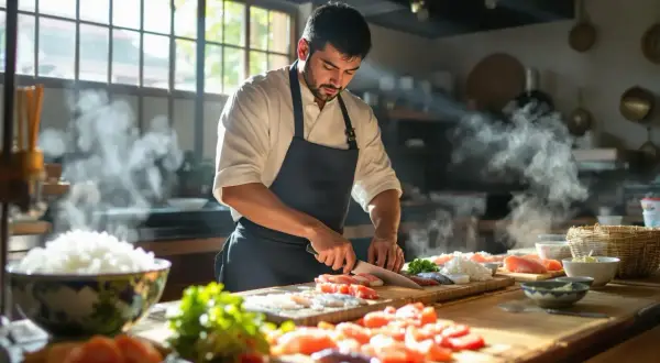 Szef kuchni kroi rybę, przygotowując się do zostania sushi masterem. Na stole ryż, warzywa i świeże składniki.
