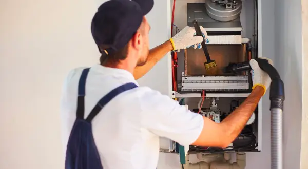 Tecnico pulisce caldaia, un problema comune per chi cerca una vendita casa con caldaia non funzionante.