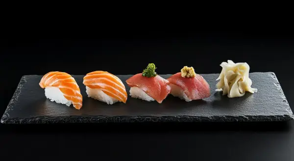 Sashimi-Nigiri mit Lachs und Thunfisch auf schwarzem Schiefer, daneben eingelegter Ingwer.