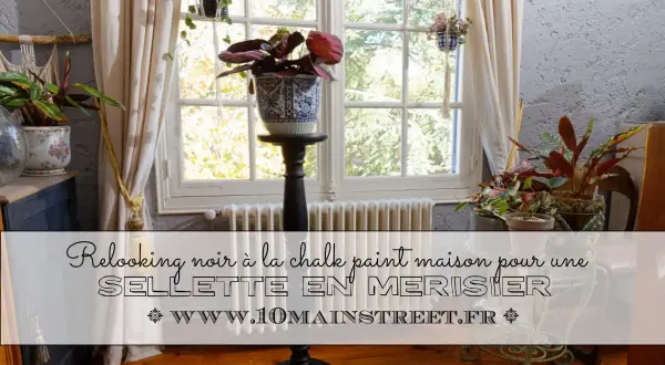 Une sellette ancienne relookée en noir, mise en valeur par des plantes vertes devant une fenêtre lumineuse.