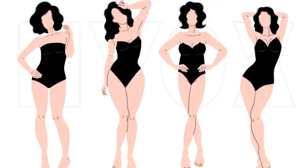 Quattro silhouette femminili in costume nero: una con fisico a rettangolo, una a clessidra, una a pera e una a triangolo invertito.
