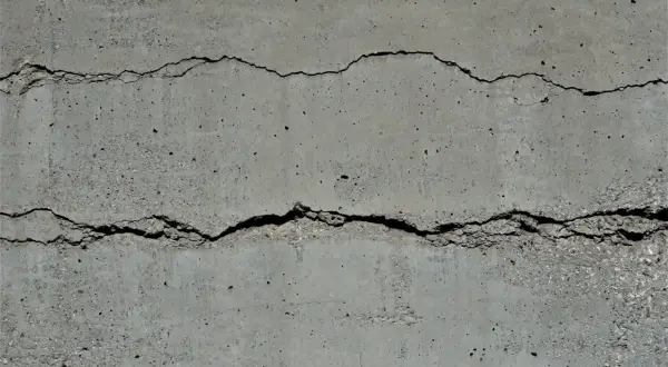 Zwei tiefe, unregelmäßige Risse durchziehen die graue Betonwand und zeugen von den Spuren der Zeit.