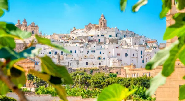 Weißes Dorf in Apulien, Italien, mit Blick auf grüne Bäume. Entdecken Sie Brindisi Geheimtipps für Ihren Urlaub.