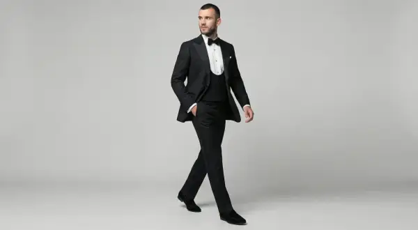 Ein Mann in eleganter Smoking-Kleidung mit Weste und Fliege schreitet selbstbewusst.