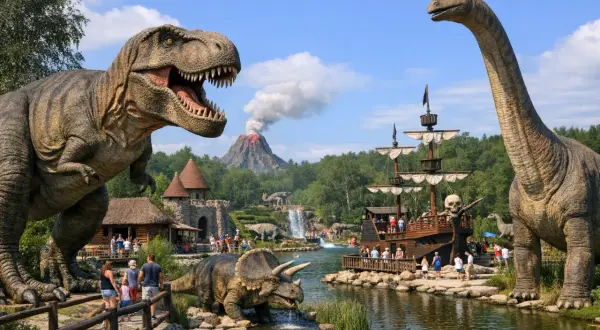 Park dinozaurów w Łebie: realistyczne modele T-Rexa, diplodoka i triceratopsa, piracki statek, wodospad i wulkan. Świetne łeba atrakcje dla dorosłych i dzieci.