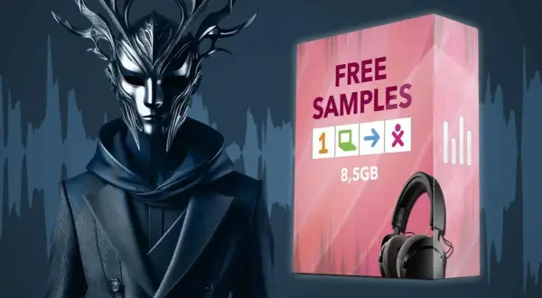 Ein mysteriöser Charakter mit Geweih-Maske und Kopfhörer neben einer Box mit "FREE SAMPLES" und 8,5 GB.