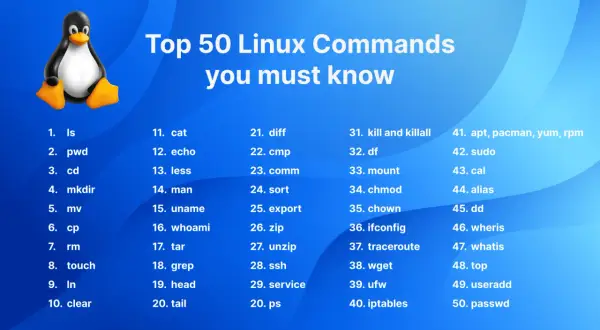 Lista 50 komend Linuxa, które musisz znać, z pingwinem Tuxem. Wśród nich komendy takie jak `ls`, `cd`, `sudo` i `su`.