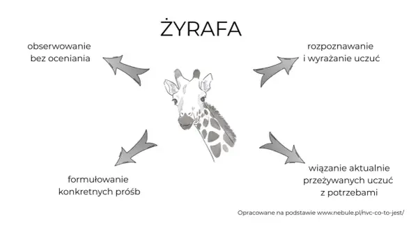 Grafika ilustruje "język żyrafy": obserwowanie, rozpoznawanie uczuć, wiązanie ich z potrzebami i formułowanie próśb.