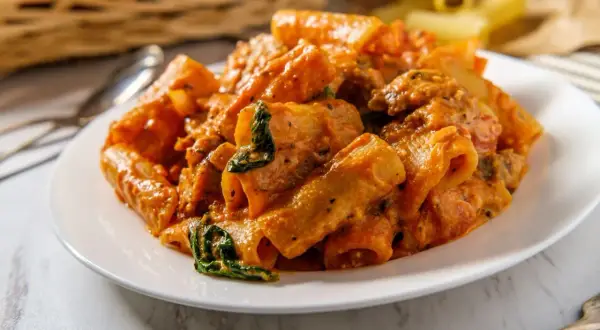 Makaron rigatoni w kremowym sosie pomidorowym ze szpinakiem i kawałkami mięsa.