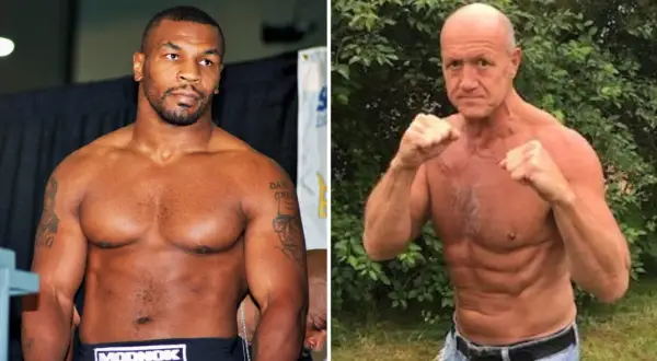 Håkan Brock i boxningsställning, bredvid en bild på Mike Tyson.