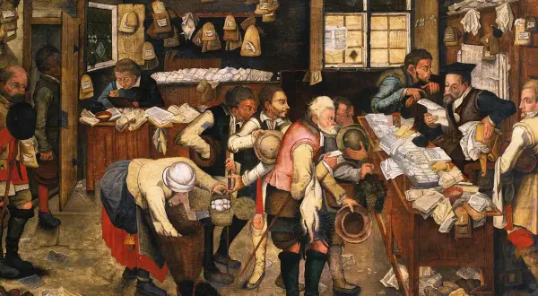 Scena targowa z obrazu **Pieter Brueghel Młodszy**. Ludzie kupują i sprzedają, wśród nich kobieta z koszem jajek.