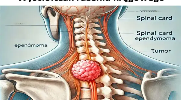 Anatomical illustration showing a tumor, labeled "ependymoma," growing on the spinal cord within the cervical vertebrae.