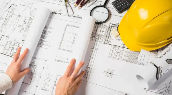 Manos revisando planos de construcción, con casco amarillo, calculadora y lupa. La ite del proyecto se detalla en los planos.