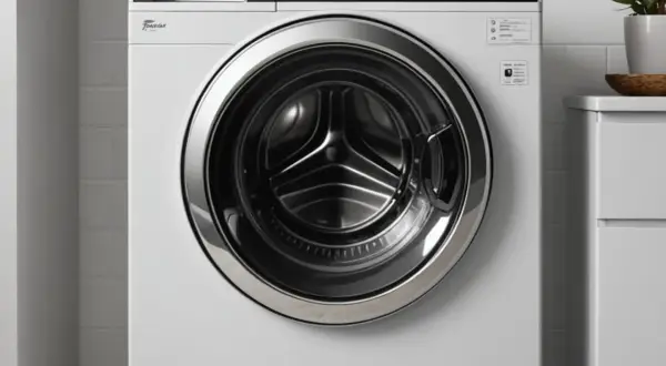 Biała pralka Whirlpool z widocznym bębnem i chromowanym pierścieniem.