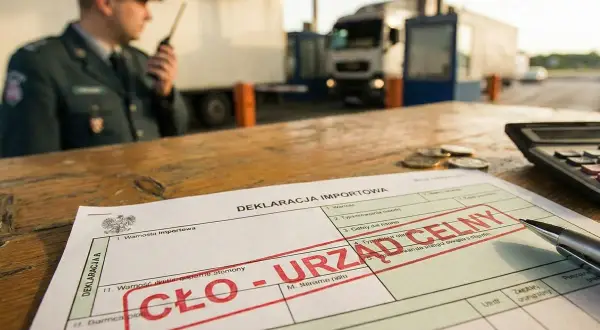 Celnik w mundurze kontroluje dokumenty na granicy. Na stole leży deklaracja celna, monety i kalkulator. Logistyk czeka na odprawę.