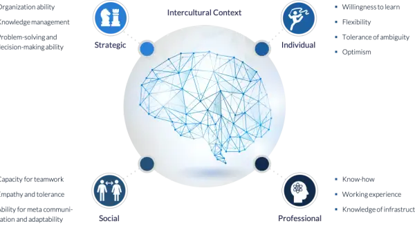 Schema zur Förderung kultureller Intelligenz: strategische, individuelle, soziale und professionelle Kompetenzen im interkulturellen Kontext.