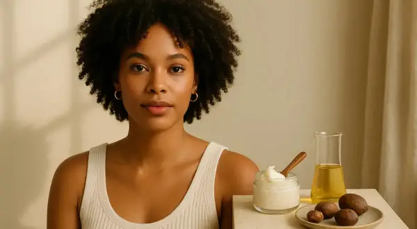 Mujer con cabello rizado junto a un tarro de manteca de karité para el pelo, aceite y nueces. Opiniones positivas sobre sus beneficios.