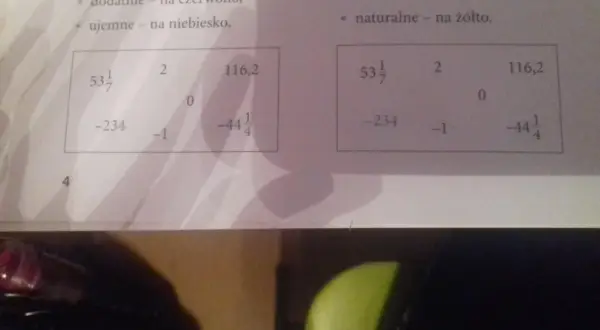 Dwa prostokąty z liczbami, jeden z zaznaczonymi ujemnymi, drugi z całkowitymi i naturalnymi.