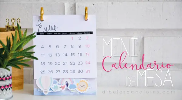 Mini calendarios imprimibles de enero con adornos de globos y arcoíris.