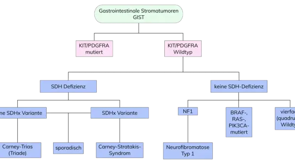 Flussdiagramm zur Klassifizierung von GIST-Tumoren basierend auf Genmutationen und SDH-Defizienz.