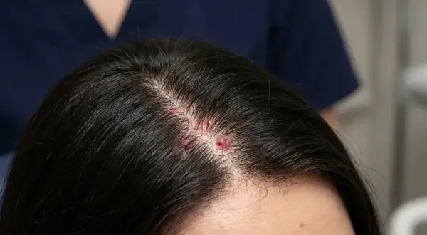 Lesiones rojas y escamosas en el cuero cabelludo, indicando un cuero cabelludo quemado.