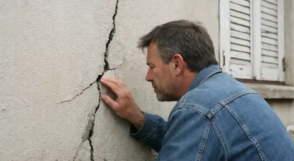 Un homme examine une large fissure sur un mur extérieur.