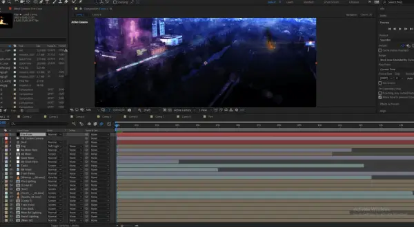 After Effects timeline showing layers for a scene with fire flares, fog, and 3D camera tracking, a common setup for visual effects work.