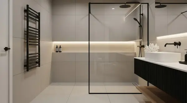 Nowoczesna łazienka z deszczownicą. Elegancka armatura i minimalistyczny design.