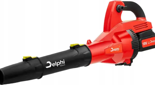 Czerwona dmuchawa akumulatorowa Delphi Tools z czarną dyszą i baterią 18V.
