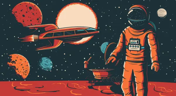 An astronaut stands on a red planet, gazing at a retro futuristic spaceship and alien worlds under a starry sky.