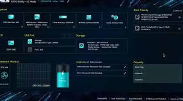 Ekran **UEFI** BIOS-u ASUS z opcjami bootowania, monitorowania sprzętu i ustawieniami.