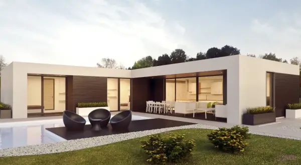 Moderne Fertighaus Beispiele mit Pool und Terrasse. Ein stilvolles Haus mit großen Glasflächen und minimalistischem Design.