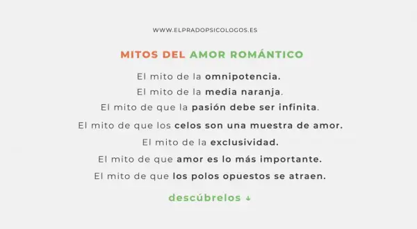 Lista de mitos del amor romántico: omnipotencia, media naranja, pasión infinita, celos como amor, exclusividad y polos opuestos. Descúbrelos.