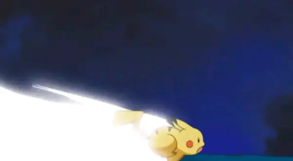 Pikachu biegnie, zostawiając za sobą błyskawicę niczym kamień piorunowy.