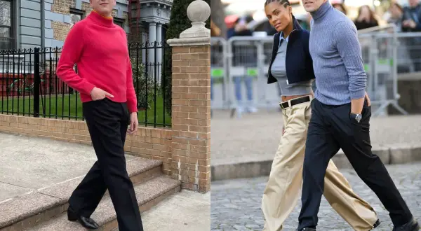 Mann in pinkem Rollkragenpullover und schwarzer Hose, daneben ein Paar in lässigem franzosen style.