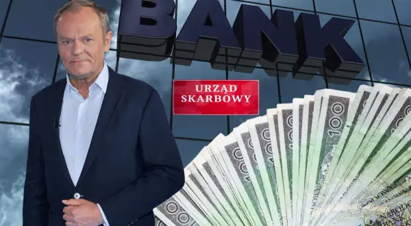 Polityk przy banku i urzędzie skarbowym, obok stos banknotów. Czy to zapowiedź zmian w kwocie wolnej od podatku?