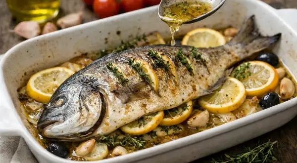 Dorade au four, dorée et savoureuse, arrosée d'une sauce aux herbes, accompagnée de citrons, d'olives et d'ail. Un délice méditerranéen.