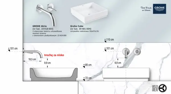 Bateria GROHE Atrio do umywalki nablatowej Grohe Cube. Montaż ścienny, wymiary i odległości.