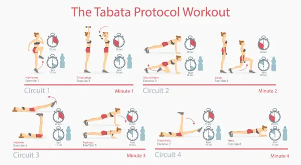 Schema per allenamento Tabata a casa: esercizi come high knees, triceps chop, slow climbers, lunge, leg raises, push-ups, flutter kicks e plank, con intervalli di 20 sec di lavoro e 10 sec di riposo.