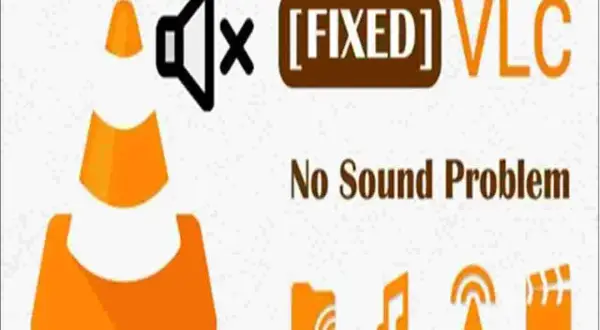 VLC no sound problem fixed. The image shows the VLC logo with a muted speaker icon and text indicating a solution for no sound issues.