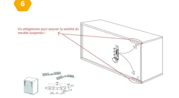Schéma montrant comment fixer un meuble suspendu au mur avec des vis pour garantir sa solidité. Des mesures sont indiquées.