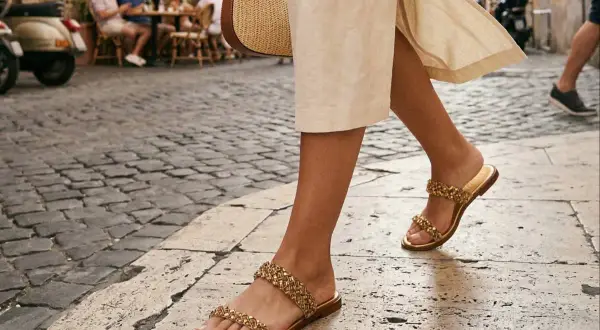 Paseando por la calle con sandalias tendencia doradas, adornadas con pedrería, que brillan bajo el sol.