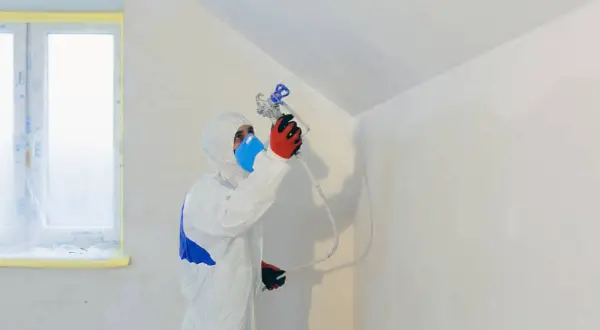 Persona con traje protector y mascarilla pintando paredes con pistola.