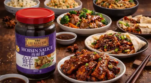 En burk Lee Kum Kee Hoisin Sauce står framför en festmåltid med asiatiska rätter. Glasnudlar, kycklingvingar och anka i pannkakor är några av de läckra rätterna.
