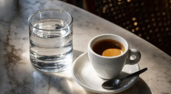 Tazzina di caffè espresso su piattino con cucchiaino e bicchiere d'acqua. La cremosità suggerisce un'alta percentuale di caffeina nel caffè.