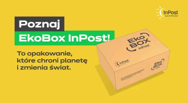 Eko paczka InPost to opakowanie, które chroni planetę. Na żółtym tle widoczny karton z logo EkoBox InPost.